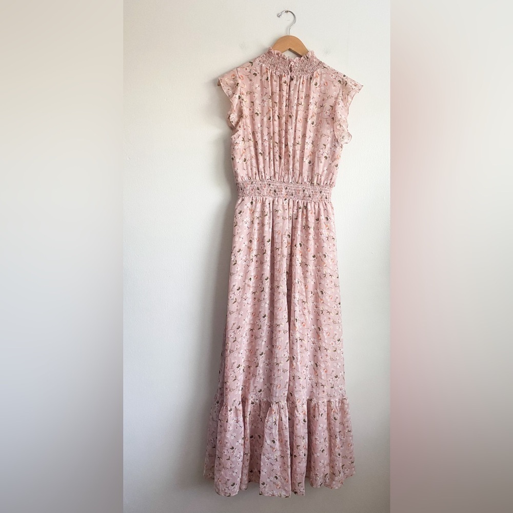 Melloday Floral Pink Ruffle Tiered Maxi Dress Smocked Victorian Coquette Ditsy L - Picture 6 of 9